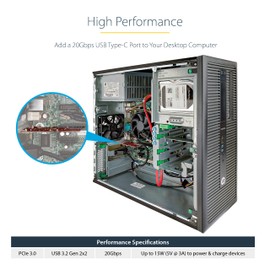 StarTech.com 1-Port USB 3.2 Gen 2x2 PCIe Card, USB-C 20Gbps PCI Express 3.0 x4 Adapter, Data Only, Windows/macOS/Linux, TAA