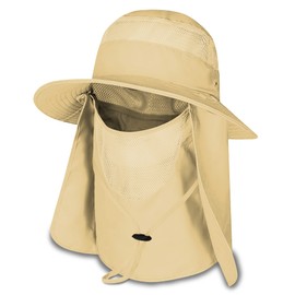 Fishing Sun Bonnie Bucket Hat Unisex Adult 360% UV UPF 50+ Solar Protection Lightweight Outdoor Summer Wide Brim Visor Cap with Detachable Neck Flap, Face Cover Mask, Windproof, for Beach, Khaki