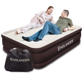 Englander First Ever Microfiber Air Mattress, Microfiber Airbed with Built in Pump Queen Brown/Cream Top