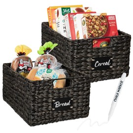 Best Choice Products Pantry Baskets Set of 2 16x12in Water Hyacinth Storage Baskets, Woven Wicker Organizers with handles w/Chalkboard Label Chalk Marker - Black