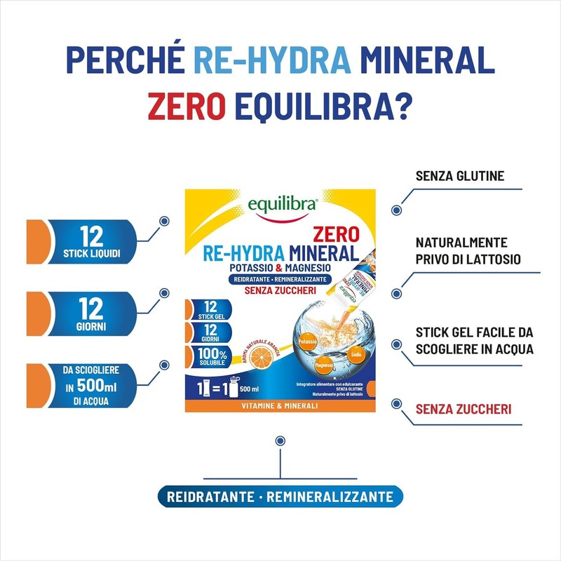 Equilibra Potassio e Magnesio, Re-Hydra Mineral Zero, 12 Stick, Gusto