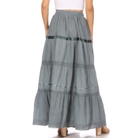 Sakkas 554 Solid Embroidered Gypsy/Bohemian Full/Maxi/Long Cotton Skirt - Gray/One Size