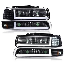 PIT66 LED DRL Headlight Assembly Lamps Compatible with 1999-2002 Chevy Silverado / 2000-2006 Tahoe Suburban Headlamp w/Bumper Lights Clear Lens Black Housing Amber Reflector