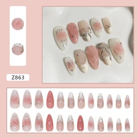 BQZQPAMZ Bowknot Press on Almond Nails White French Tip Press on Nails Medium Length Pink Press on Fingernails Full Coverage Acrylic Nails for Women DIY Summer Manicure Decoration Supplies