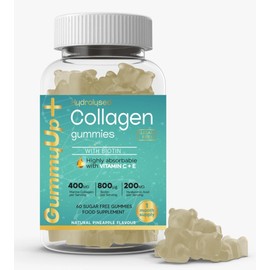 Hydrolysed Collagen Gummies with Biotin + Oral Hyaluronic Acid | Highly Absorbable with Vitamin C+E | 60 Sugar Free Natural Pineapple Flavoured Gummies