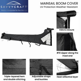 SavvyCraft Waterproof Mainsail Boom Cover, Heavy Duty 600D Sailboat Mainsail Cover UV Protection Weather-Resistant, Boom Length 9'-10' Black