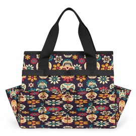 Interesting Flower Skulls Garden Tool Bag Waterproof Garden Tool Storage Bag Heavy Duty Oxford Gardening Tool Bag with Handle & 10 Pockets for Men Women Outdoor Garden Lawn Yard