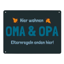 Hier wohnen Oma & Opa - Elternregeln enden hier! Metal Sign XL in 21 x 28 cm Autumn Decor Leaf Decor Grandparents Gift for Grandma and Grandpa Leaf Leaves Grandchildren