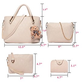 FiveloveTwo Women 4Pcs Top Handle Satchel Hobo PU Leather Handbag Set Large Tote + Purse + Shoulder Bag + Card Holder Beige