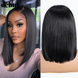 DÉBUT Straight Bob Wigs Human Hair 13X4 Lace Front Bob Wig Human Hair Pre Plucked with Baby Hair 180% Density Glueless Wigs for Women(14 Inches, Natuarl Black)
