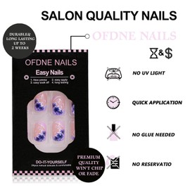 Flower Press on Nails Short Square OFDNE Purple French Tip Fake Nails False Nails with Floral Designs Full Cover Glossy Glue on Nails Spring Summer Acrylic Nails for Women Girls 24 Pcs