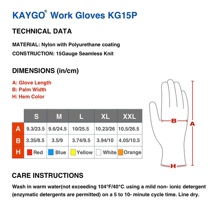 KAYGO Thin Work Gloves PU Coated 12 Pairs, KG15P, Nylon