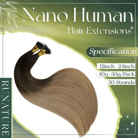 RUNATURE Nano Hair Extensions Human Hair 14 Inch 50G Balayage Darkest Brown to Chestnut Brown Mix Ash Blonde Cold Fusion Seamless #2/6/18