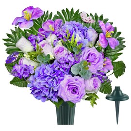 Naramiji Artificial Cemetery Flowers –Realistic Vibrant Rose/Tulip/Hydrangea Bouquet with Grave Vase for Headstone Decoration,Colorfast