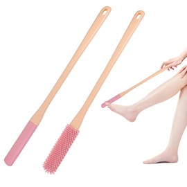Toe Cleaning Brush，Foot Scrubber in Shower with Long Handle Silicone Foot Brush Soft Skin Exfoliation Lotion Applicator for Foot Seniors,Elderly, Men and Women 2Pack（Pink