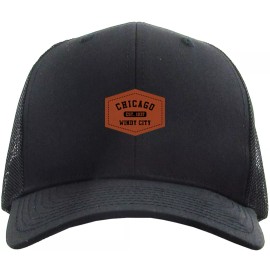 Peerless Embroidery Chicago Windy City Est 1837 Brown Leather Patch Trucker Mesh Snapback Black