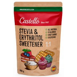 Stevia + Erythritol 1:1 Sweetener | 1g = 1g Sugar | 100% Natural Sugar Substitute - 0 Calories - 0 Glycemic Index - Keto and Paleo - 0 Net Carbohydrates - No GMO - Castello Since 1907-850 g