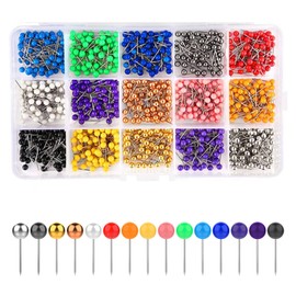 APKOL Pack of 900 Round Head Pins, Push Pins, 15 Colours Map Pins, Colourful Map Pins, Map Pins, Nail Push Pins for DIY, Wall Cards, Bulletin Board, Cork Boards