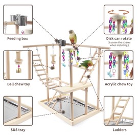 HPAWHOMEPART Bird Playground, Parrot Play Stand with 2 Layers of Stand Toys, Playpen for Parakeet Cockatiel Lovebirds, Exercise Playgym with Feeding Cups Stainless Steel
