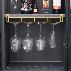 Adjustable Under Cabinet Stemware Holder - Metal Wine Glass Hanger Organizer for Kitchen, Bar, Shelf - Rustproof Hanging Storage Rack for 6-8 Glasses - Space Saving Decor (Black) (GOLD, 4 ROWS)