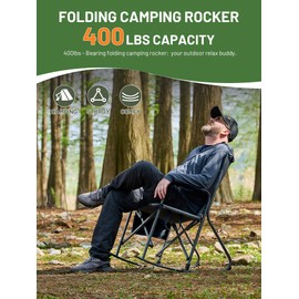 TIMBER RIDGE Folding Rocking Camping Chair, 400lbs Capacity Portable Oversized Outdoor Rocker with Hard Armrests, Cup Holder & Side Pocket, Quick-Fold Design for Outdoor, Patio, Lawn, Gray