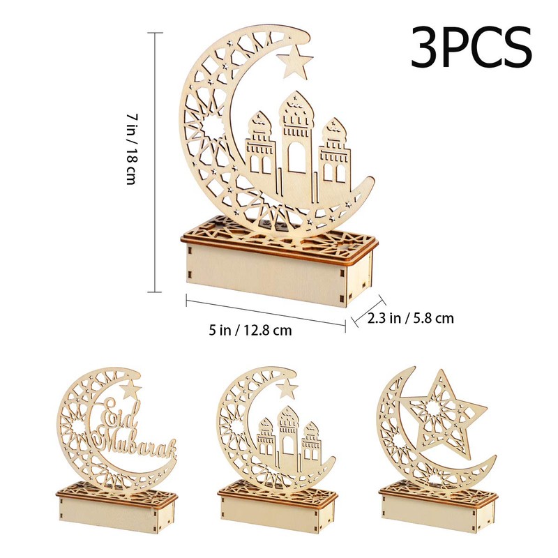 Mobestech 3PCS Ramadan Mubarak Eid Decorations Wooden Moon Star Lights