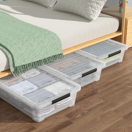 Yarebest 40 Quarts Clear Stackable Underbed Box, Shallow Underbed Bins with Wheels Set of 3