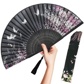 OMyTea Folding Hand Fan for Women - Foldable Chinese Japanese Vintage Bamboo Silk Fan - for Hot Flash, Church, EDM, Music Festival, Party, Dance, Performance, Decoration, Gift (Black Sakura)