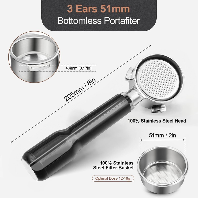 WhaleSiper 51mm Bottomless Portafilter & Puck Screen, 3-Ear Stainless Head,