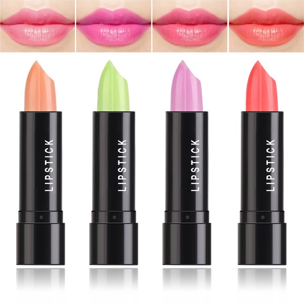 4 Pcs Color Changing Change Lipstick,Magic Lipstick Jelly Lip Balm,Moisturizer Tinted Lip Tint Stain Long Lasting Waterproof Temperature Color Change Lip Gloss