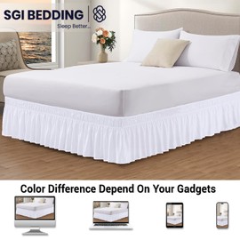 SGI Full Bed Skirt 10 Inch Drop Wrap Around Bed Skirt with Adjustable Elastic Belt - No Heavy Mattress Lifting- Fade-Wrinkle Resistant Bedskirt White