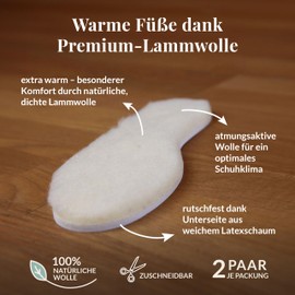 Hey Nature 2 Pairs of Lambswool Winter Insoles, Thick Thermal Shoe Insoles, Naturally Warming Soles for Warm Feet, Wool Sole for Children, Can be Cut to Size - Lammwolle, size: 47