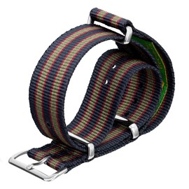 Geckota Vintage Bond 1973 British Military Nylon Mens Replacement Watch Strap. Dark Blue, Red and Olive Green Stripes. Rugged, Quick-Drying and Secure Wristwatch Strap. Polished Buckle, 18 mm