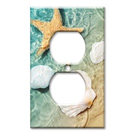 Art Plates - Duplex Outlet Cover Decorative Metal Wall Plate - 1 Gang Outlet Plug Cover - Sea Shells and Star Fish in Ocean Beach Tide Pool - (Made in USA)