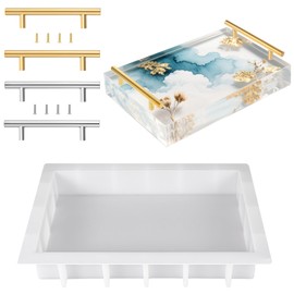 13.5"X9.5"X1.9" Large Silicone Tray Molds for Epoxy Resin, Deep Rectangle Tray Resin Mold with 4Pcs Gold & Silver Handles, Floral Preservation Bouquet Mold for DIY Art Home Decoration