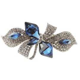 Sparkly Womens Girls Crystal Rhinestone Diamante Wedding Birthday Party Evening Ponytail Fine Hair Accessories Evening Barrette Hairpin Grip French Metal Spring Clip Gold Tone Ribbon Bow (Navy)