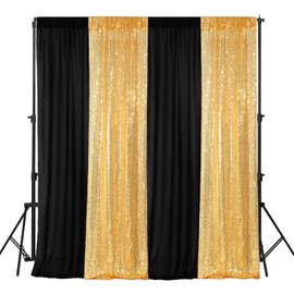 VitalCozy 4 Panels Photo Backdrop Curtains 2 Pcs 4 x 10 ft Sequin Glitter Backdrop Curtains 2 Pcs 7 x 10 ft Chiffon Backdrop Curtains for Wedding Birthday Valentine's Day Party(Black, Gold)