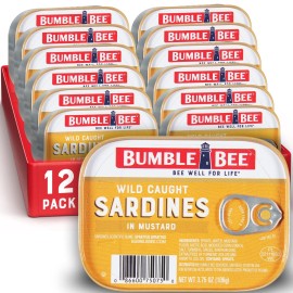 Bumble Bee Sardines in Mustard Sauce, 3.75 Oz Tin (Pack of 12) - Wild Caught, Gl