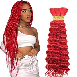 Hxxcoup Human Braiding Hair for Boho Braids, Deep Wave, Bulk Total 150 g, 3 Bundles, 34 34 34 Inch Human Hair Extension, Unprocessed, No Weft, Red Colour for Women