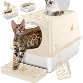 ZALLUC Stainless Steel Cat Litter Box with Lid, Flip-Top Extra Large Cat Litter Pan, Enclosed Metal Litter Box with Litter Scoop & Filter Pedal, Anti-Leakage, Odor Free, Front & Top Dual Entry(Beige)