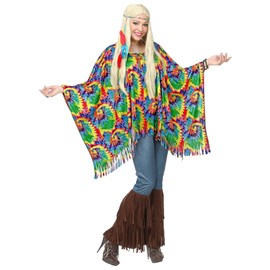 MIMIKRY Psychedelic Hippie Batik Poncho with Fringes and Braided Headband with Feathers 60s Costume, multicoloured