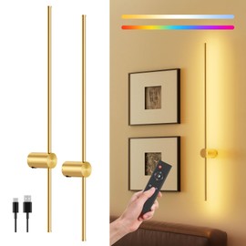 PopoIron Battery Operated Wall Sconce Set of 2, 10000mAh Rechargeable Dimmable LED Wall Lamps with Remote, Modern Wireless Wall Lights for Bedroom, Living Room, Hallway, Indoor Decor, 40 Inch, Golden