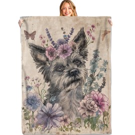 MIEPOS Floral Dog Throw Blanket, 50x60in, Soft, Lightweight Flannel, Vintage Style Pup Py with Flower Crown and Butterfly Blankets, Gifts for Pet Owners, for Farmhouse Home Living Room Decor
