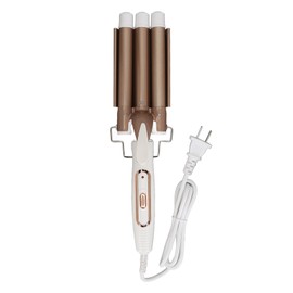 Wavy Curling Wand 3 Barrel Hair Crimper Dry and Wet Use Ceramic Heating Hair Styling Curler Golden 100‑240V US Plug