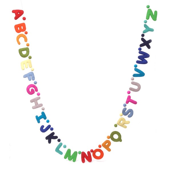 Glaciart One Alphabet Garland - Natural Handmade Wool ABC Letters & Balls - Decorative Wall Decor for Classroom, Playroom, Nursery, Baby, Toddler's Room - Ready-to-Hang Art - 7Ft, Rainbow-Colored