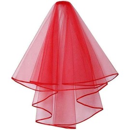 METEMEI White Double Ribbon Edge Center Cascade Bridal Wedding Veil with Metal Comb (Red)