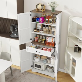 Emirde Farmhouse Storage Cabinet with Drawer, Kitchen Pantry Cabinet with Organizer, Freestanding Cupboard Large Capacity Storage for Kitchen, Living Room, Dining Room, White