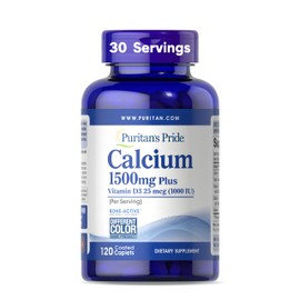 Puritan's Pride Absorbable Calcium 1500 mg Plus Vitamin D3 25mcg 1000 IU, Dietary Supplement for Bone Strength, Heart, Nerve, Muscle, and Immune Support, 120 Coated Caplets