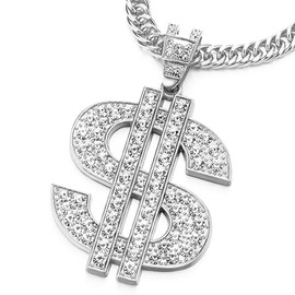 COOLSTEELANDBEYOND Hip Hop Punk Large US Dollar Money Sign Pendant with Rhinestones Necklace for Men Women, Alloy, No Gemstone
