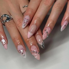 TENPAL French Tip Press on Nails Ombre Pink Nails With Bow Beads Acrylic Fake Nails With Glue 24pcs/Box Sweet Cool Y2k False Nails With Designs Lovely Cute Nails For Women Girls